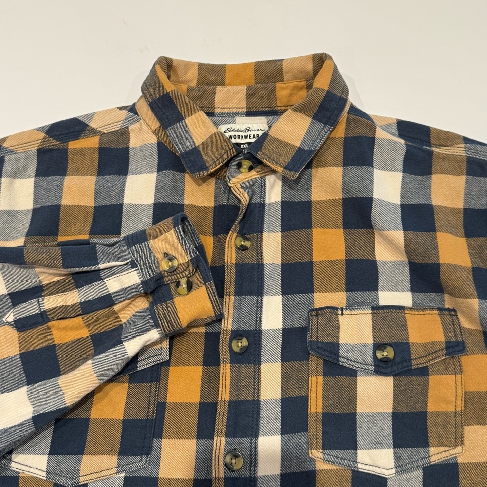 Eddie Bauer Workwear Forman Fit Men’s XXL Yellow Blue Plaid Long Sleeve Autumn